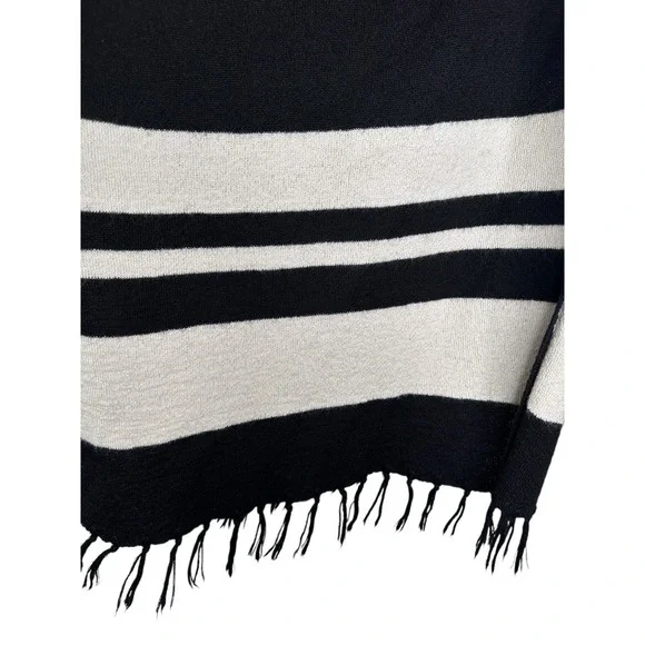 FRAME Baby Alpaca Poncho Block Striped Fringe Black Bone Hooded Cape Cozy Knit - Picture 4 of 10